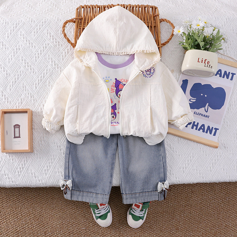 Baby outfit set, stylish children's clothing, toddler girl spring and autumn hooded cartoon jacket three-piece set