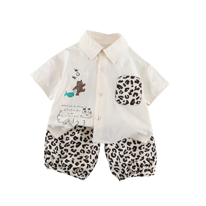 Baby boy outfit, stylish children's clothing for 1-3 year old boys, summer shirt with leopard print short sleeves, two-piece trendy set