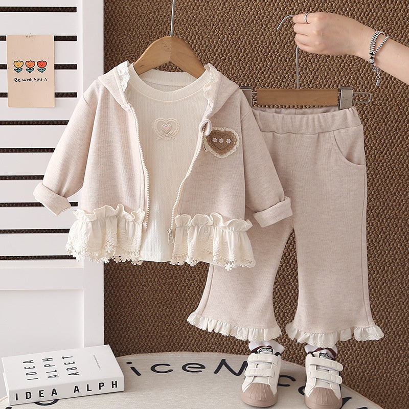 Girls' Outfit 2026 New Fashionable Baby Lace Collar Hooded Jacket Children's Clothing Spring and Autumn Three-Piece Set