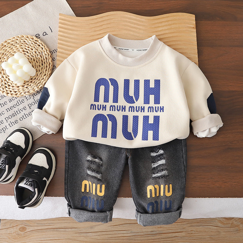 Boys' clothing stylish large letter sweatshirt set toddlers, fashionable cute clothes for babies children in spring and autumn