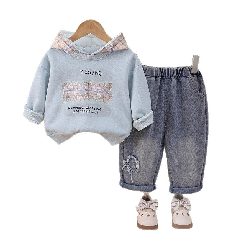 Boys' Outfit: Children's Plaid Letter Hoodie Jeans Two-Piece Set for 1-3 Year Olds, Spring and Autumn Clothing