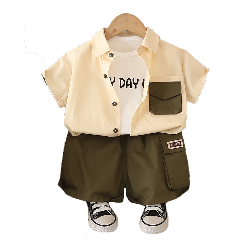 Boys' Short-Sleeve 2026 New Summer Outfit Baby Stylish Korean Version Children's Double-Pocket Shirt Three-Piece Trendy Set