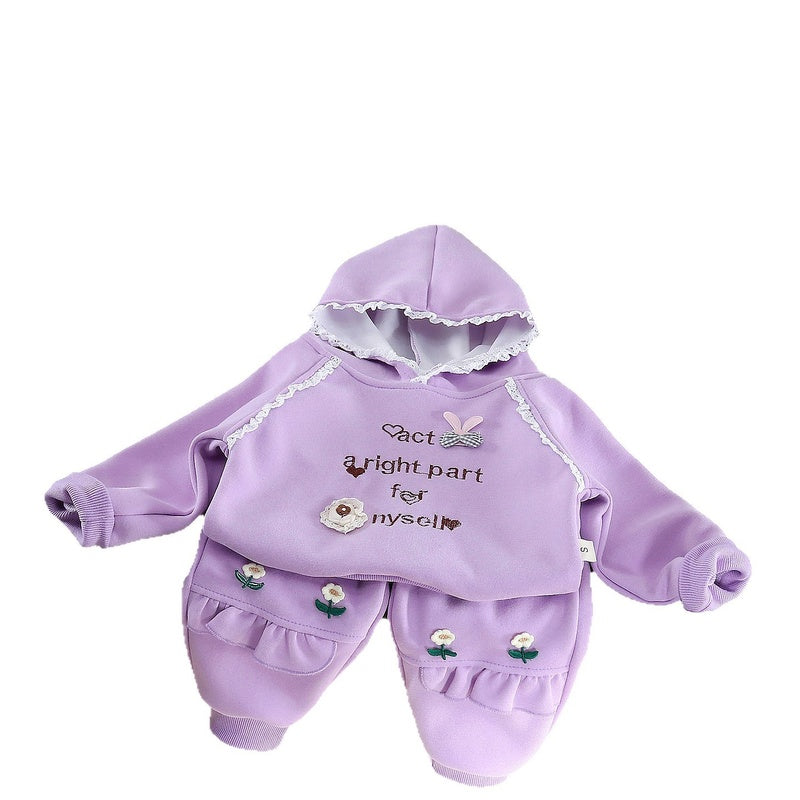 Girls' Outfit 2026 New Style Children's Spring and Autumn Fashionable Lace Hoodie Sweatshirt Two-Piece Set Baby Casual Wear