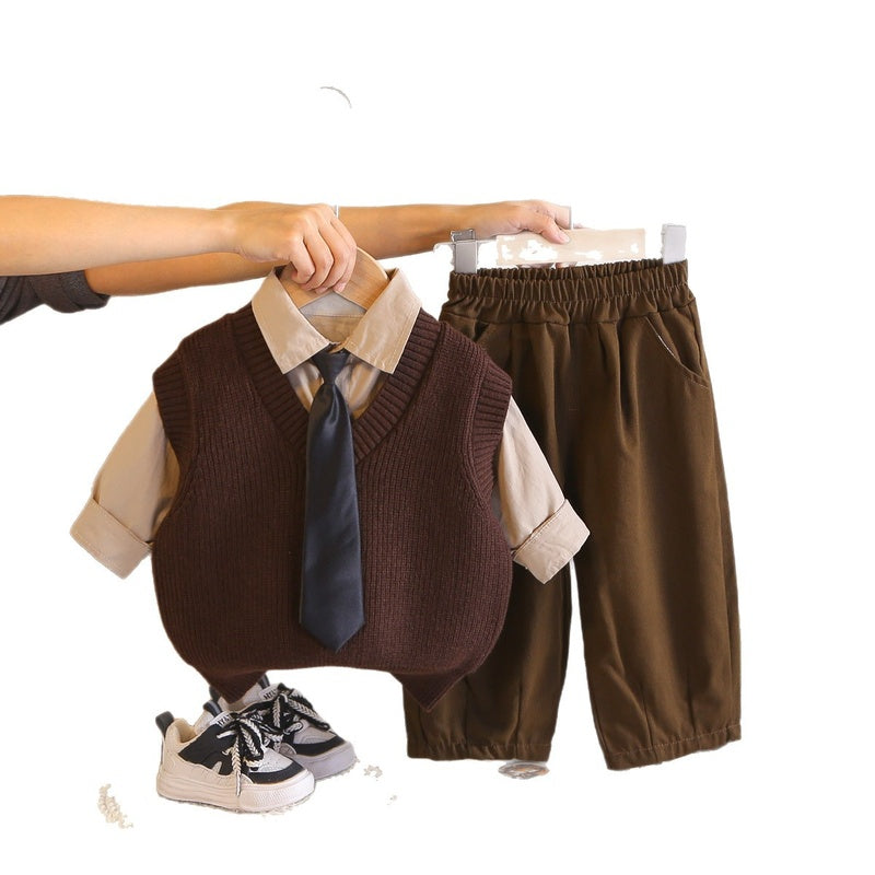 Baby Boy Outfit 2026 New Casual Stylish Children's Boys' Spring and Autumn V-neck Sweater Three-piece Set