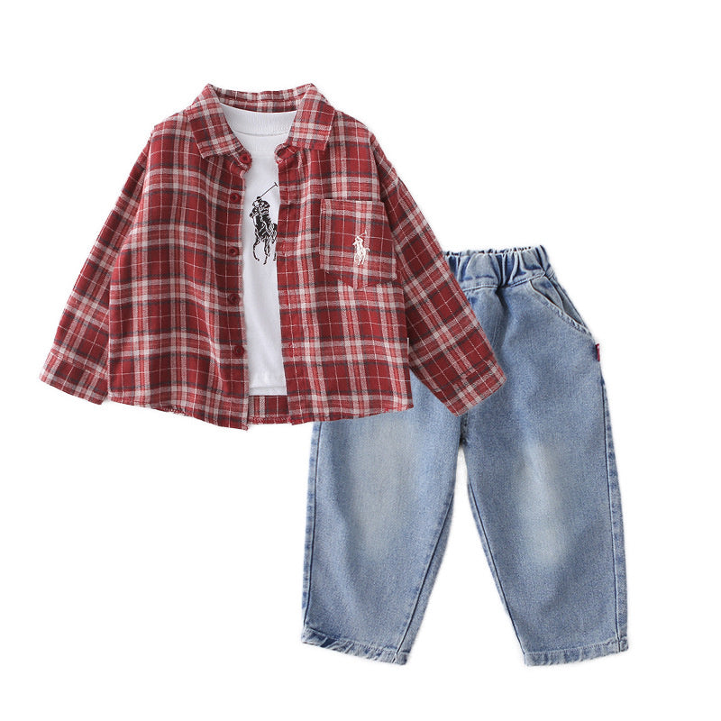 Korean-style clothing, children's outfit, boys' clothes, 2026 new model, baby boy's spring and autumn plaid shirt set, trendy