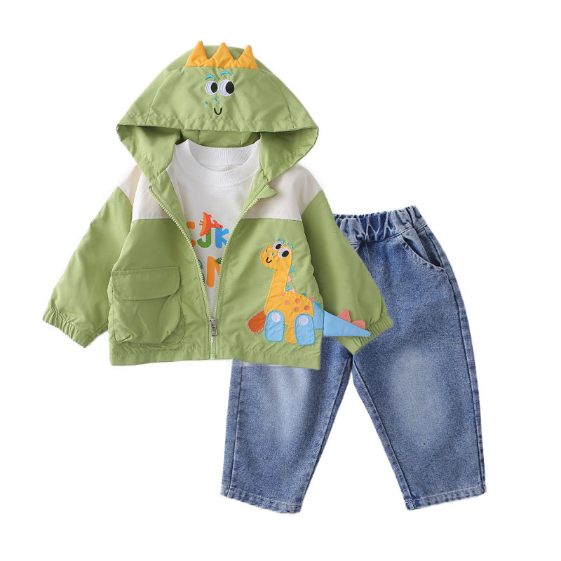 Boys' Spring and Autumn Outfit 2026 New Fashionable Children's Dinosaur Zipper Three-Piece Set Baby Cartoon Long-Sleeve Jacket