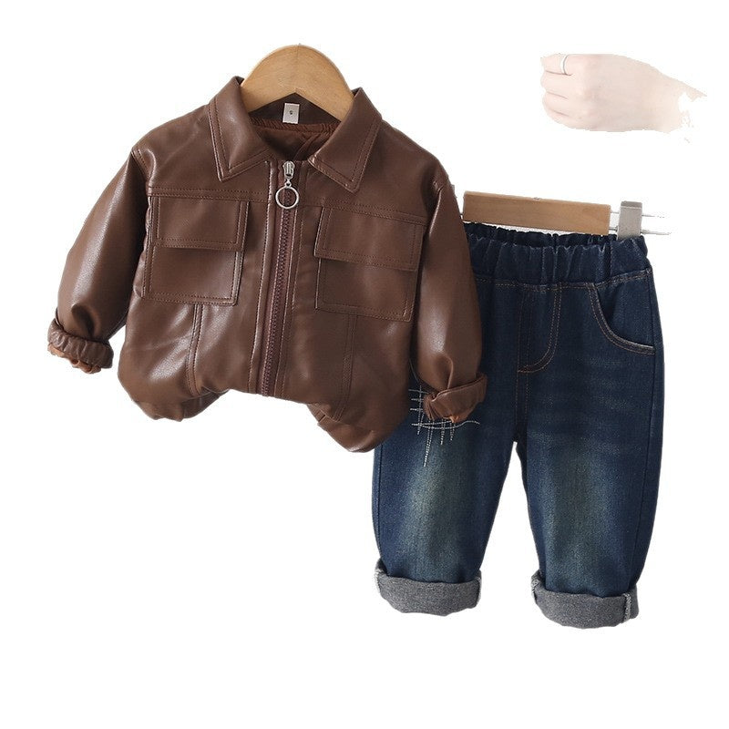 Boys' Outfit 2026 New Fashionable Baby Children's Spring and Autumn Stylish Turn-down Collar Square Pocket Leather Jacket Two-piece Set