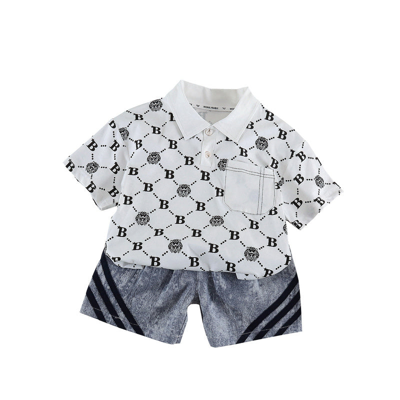 Boys' Outfit 2026 New Summer Fashionable Letter Polo Shirt Short Sleeve Shorts Two-Piece Set for Baby Boys