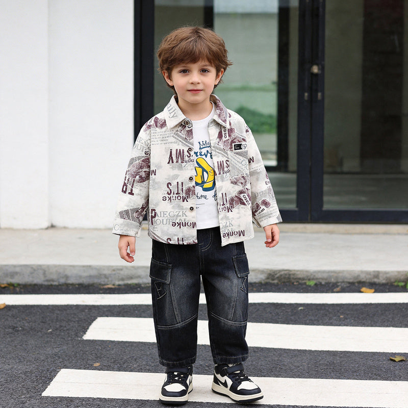 Boys' Autumn Casual Letter Print Three-Piece Set 2026 New Korean Style Stylish Baby Clothing Outfit Trendy