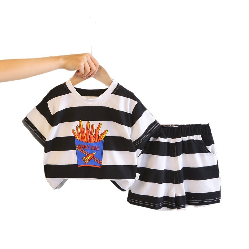 Boys' Outfit Set 2026 New Style Toddler Baby Summer Short Sleeve Striped Cartoon Clothes Two-Piece Children's Wear