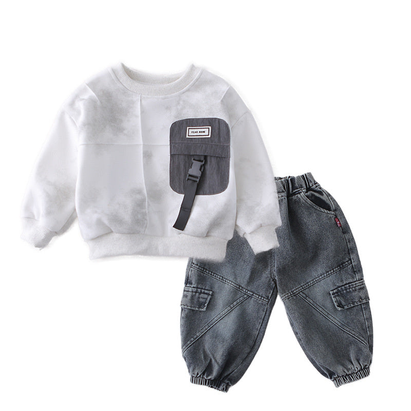 Boys' Round Neck Sweatshirt Set 2026 New Autumn Two-Piece Outfit Trendy Baby Casual Sports Children's Cool Clothes