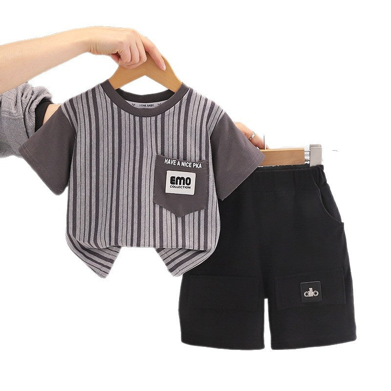 Boys' Outfit 2026 New Style Infant Children's Summer Vertical Stripe Letter Pocket Short Sleeve Two-Piece Set Baby Fashion