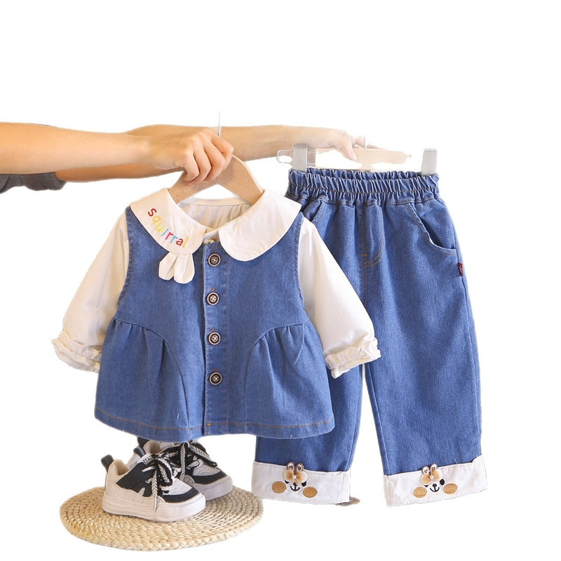 Girls' Embroidered Denim Vest Fashionable Spring Children's Spring-Autumn Outfit, Baby Long-Sleeve Three-Piece Set, Stylish