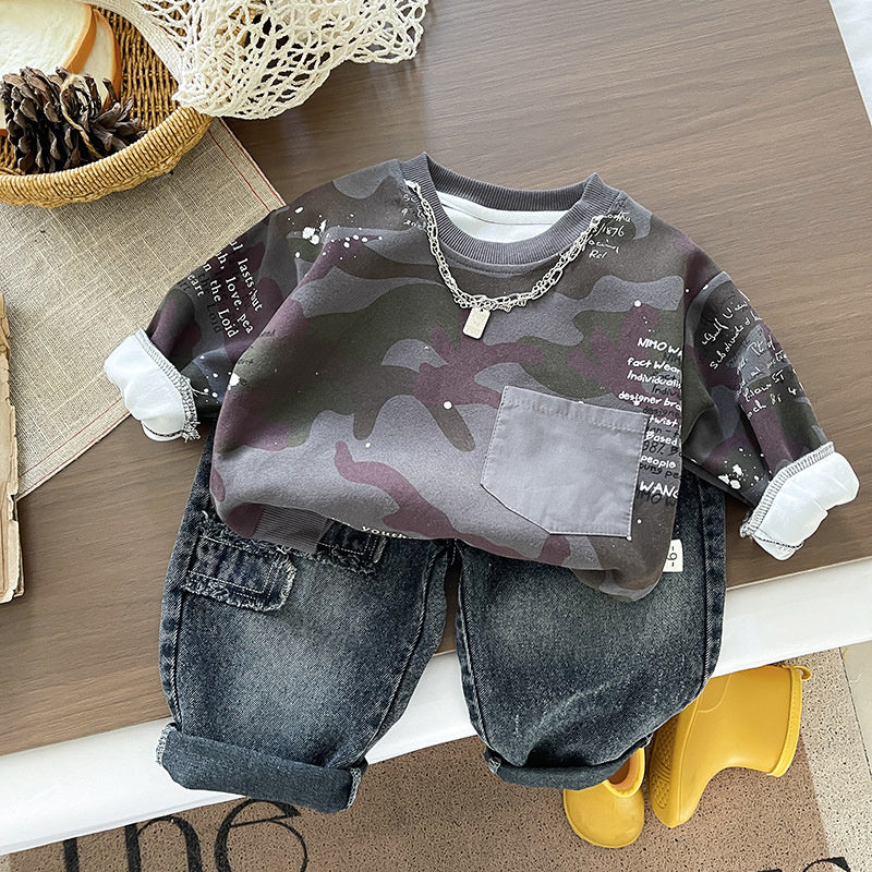 Outfit 2026 New Children's Camouflage Sweatshirt Boys' Spring and Autumn Sporty Stylish Baby Two-Piece Set