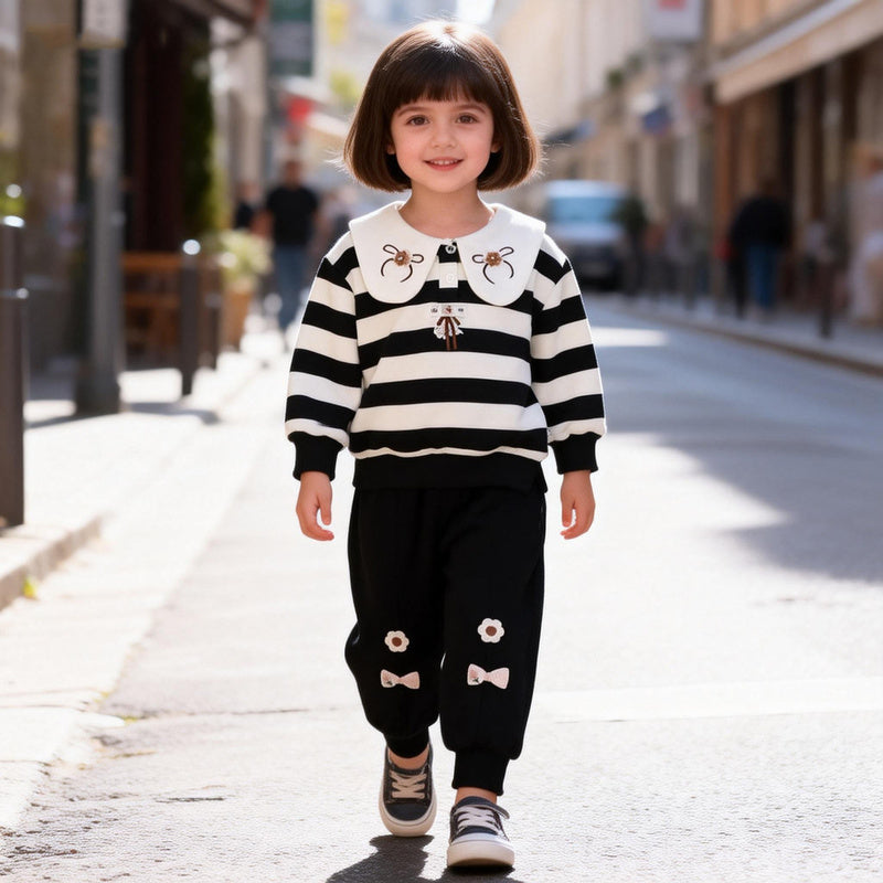 Girls' Sweatshirt 2026 New Baby Children's Clothing Spring and Autumn Outfit Striped Bow Two-Piece Set Trendy