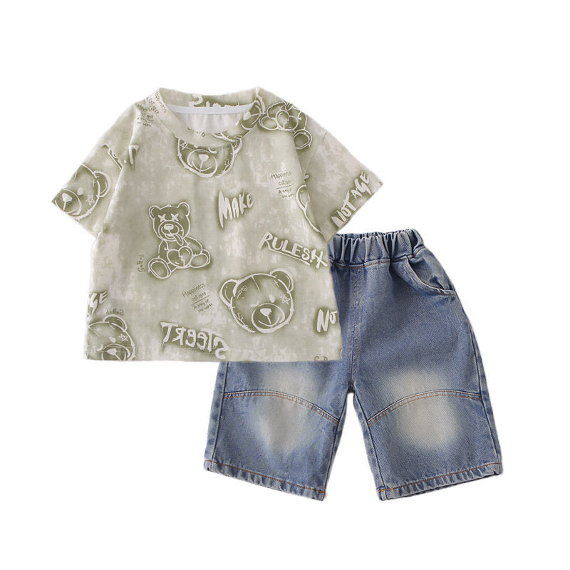 Boys' Outfit Children's Clothing 2026 New Summer Style Full Bear Head Print Round Neck Short Sleeve Two-Piece Set Trendy