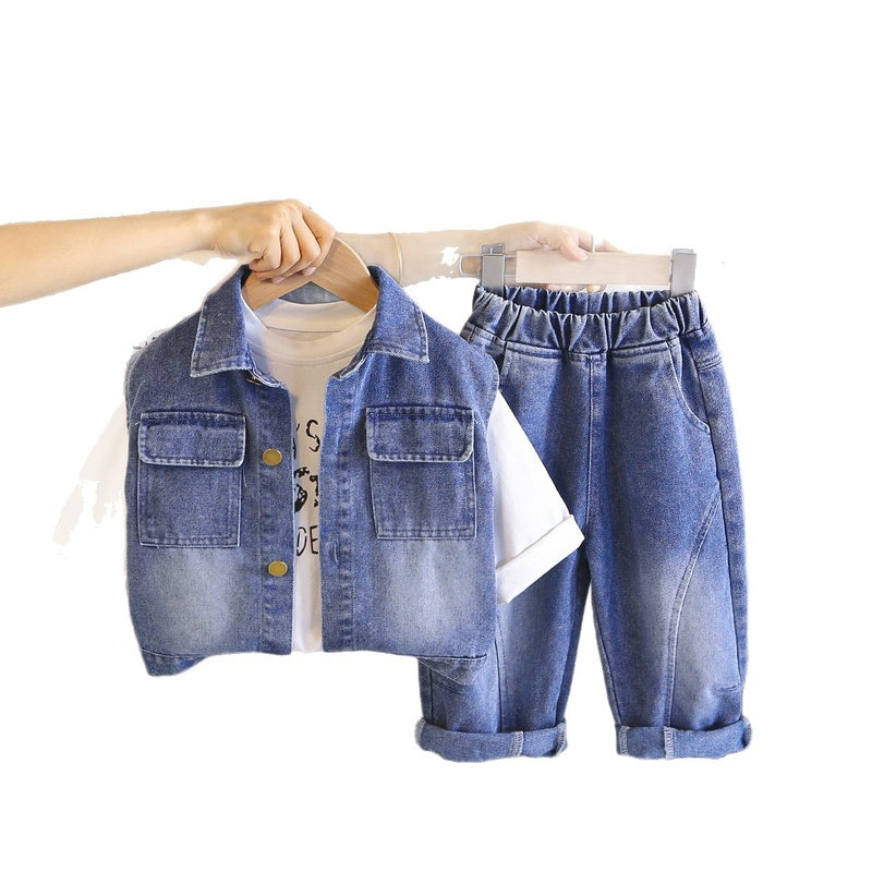 Boys' Outfit 2026 New Children's Double Pocket Denim Vest Three-Piece Set Baby Spring and Autumn Casual Wear