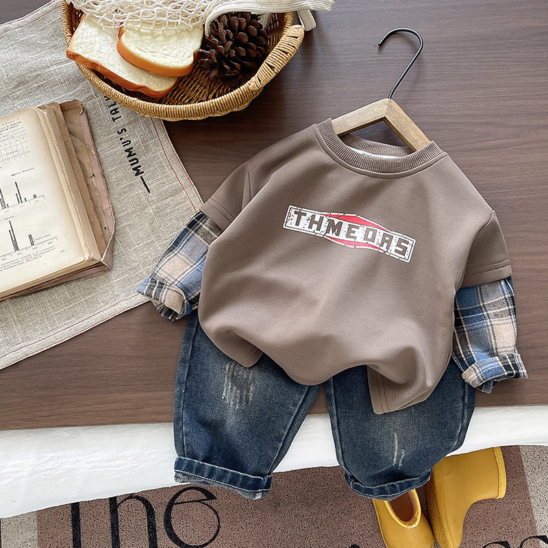 Boys' Outfit Baby 2026 New Fashionable Infant Children's Spring and Autumn Stylish Round Neck Spliced Sleeve Two-Piece Set