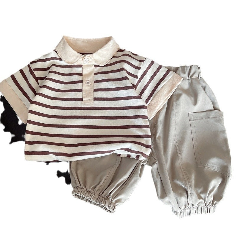 Baby Striped Placket Short Sleeve Two-Piece Infant Children's Clothing 2024 New Boys' Fashionable Summer Outfit Set