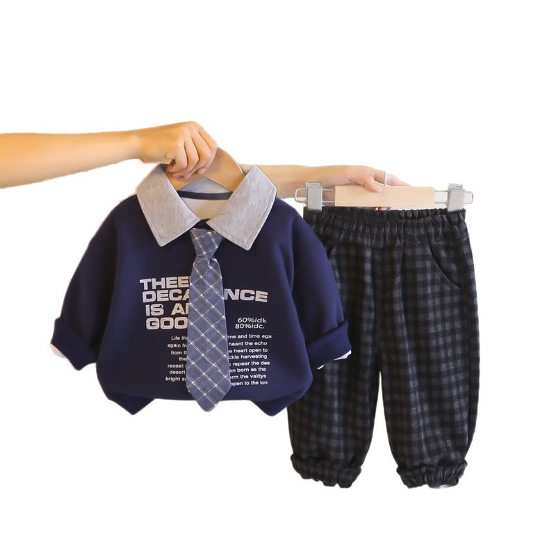 2026 New Boys' Outfit: Tie, English Collar Sweatshirt, Spring Long-Sleeve Two-Piece Set, Trendy Children's Clothing