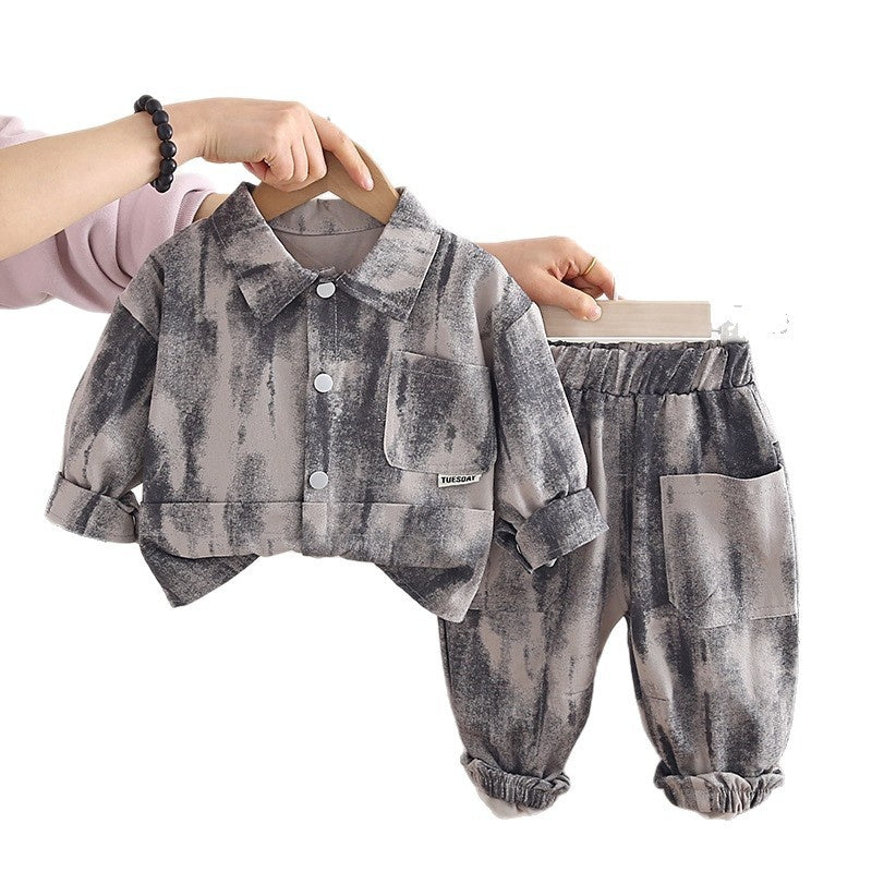 Boys' outfit stylish cool, baby spring autumn tie-dye pocket two-piece set, infant and toddler trendy clothing