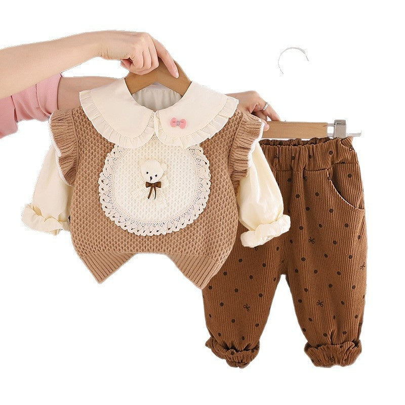 Girls' Spring Outfit 2026 New Style Set: Stylish Spring-Autumn Lace Bear Sweater Three-Piece Set for Little Girls and Children