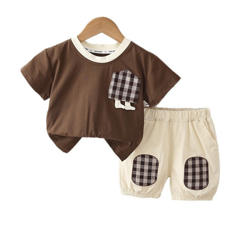Baby Boy Outfit Stylish Children's Clothing for 1-3 Years Old, Summer Plaid Pocket Short Sleeve Two-Piece Set, Trendy