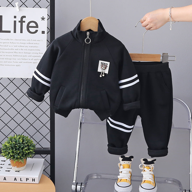 2024 Zipper Bear Logo Solid Color Clothing Boys and Girls Long Sleeve Two-Piece Children's Autumn Outfit Set