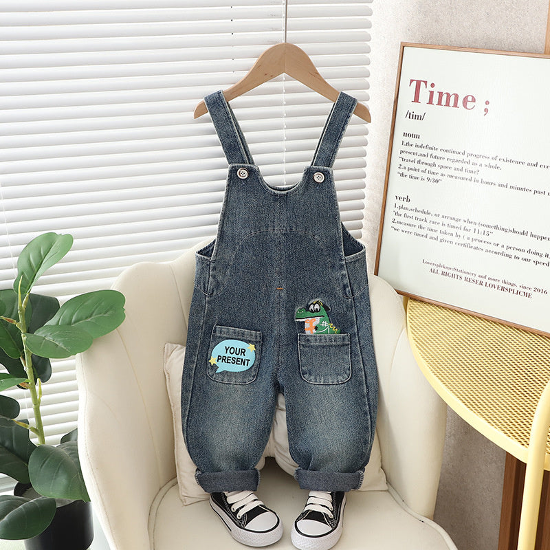 Boys' Spring and Striped Dinosaur Overalls Set 2023 New Baby Children's Clothing Toddler Autumn Fashionable