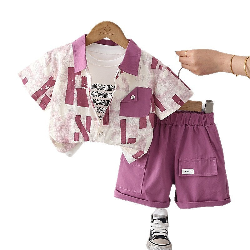 Boys' Clothing New 2026 Large Letter Shirt Baby Summer Outfit Stylish Short Sleeve Three-Piece Set