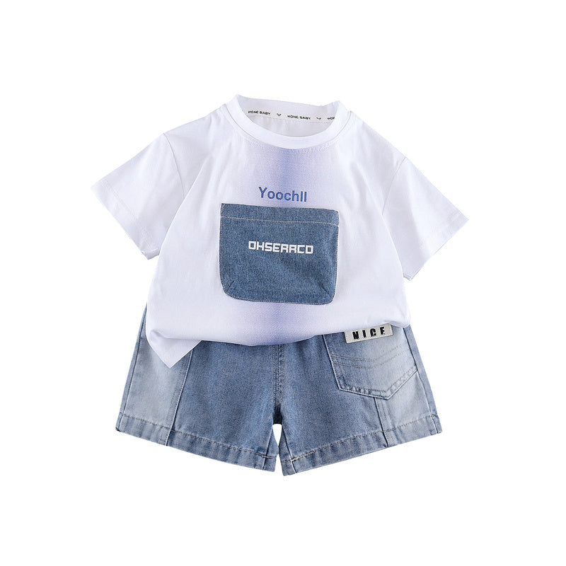 Boys' Outfit 2026 New Model Infant Children's Letter Patch Short Sleeve Two-Piece Set Baby Summer Casual Clothes
