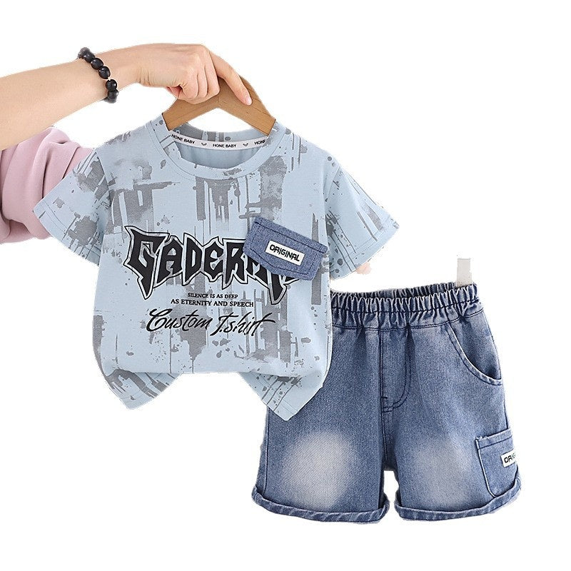 Boys' Summer Denim Flap Short Sleeve Set 2026 New Fashionable Casual Two-Piece Outfit for Toddlers