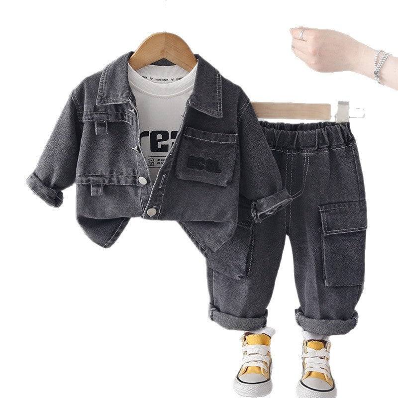 Boys' Baby Letter Embossed Pocket Denim Three-Piece Set 2026 New Stylish Autumn Outfit for Children Wholesale