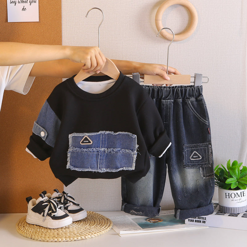 2026 Spring and Autumn New Style Boys' Korean Version Patchwork Denim Loose Sweatshirt with Spliced Sleeves, Two-Piece Set for Young Children