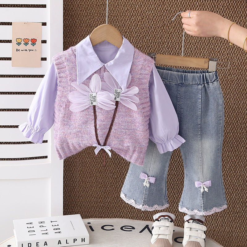 Clothing 2026 New Style Children's Floral Sweater Long Sleeve Outfit Little Girls Spring and Autumn Three-Piece Set