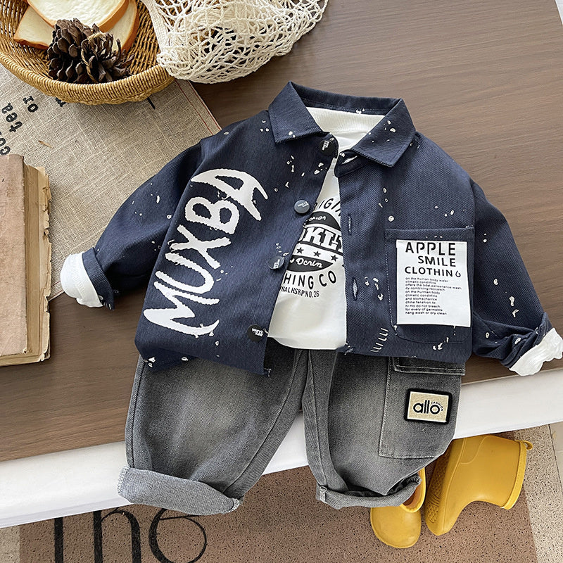 Boys' and Autumn Outfit 2026 New Fashionable Children's Gold-Embossed Casual Three-Piece Set Baby Spring Trendy Jacket
