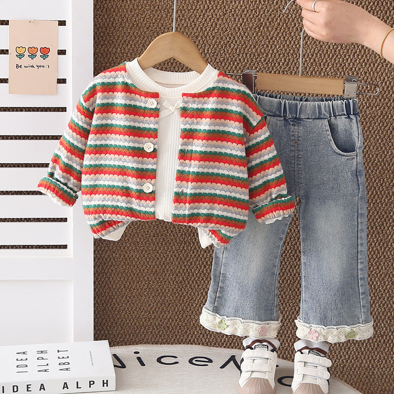 Girls' and Autumn 2, Children's Clothing, Stylish Girls, Striped Sweater Three-Piece Set, Spring Outfit for 1-Year-Old Baby Girls