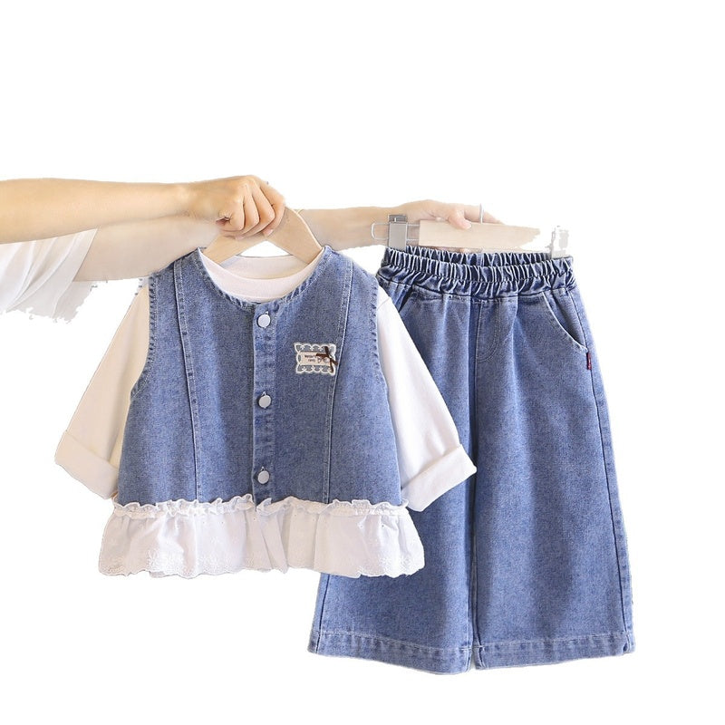 Baby Clothes Spring and Autumn, Cute Long-Sleeve Denim Lace Vest Three-Piece Set for Girls, 0-2 Years Old, Wholesale