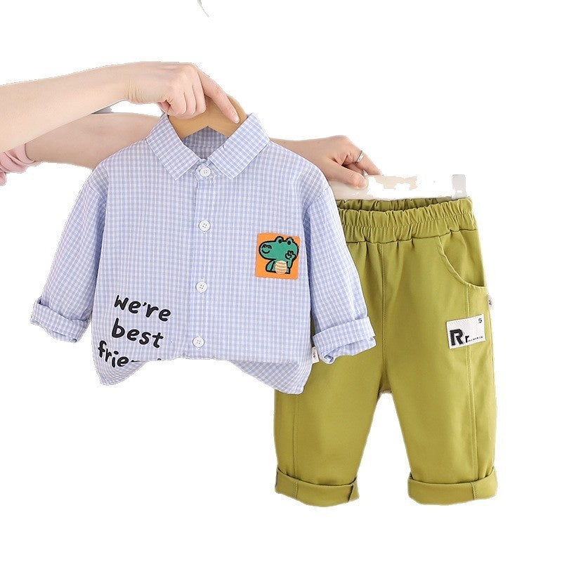 Boys' Spring Outfit: Small Checkered Shirt 2026 New Fashionable Baby Spring/Autumn Two-Piece Set for Children 1-4 Years Old