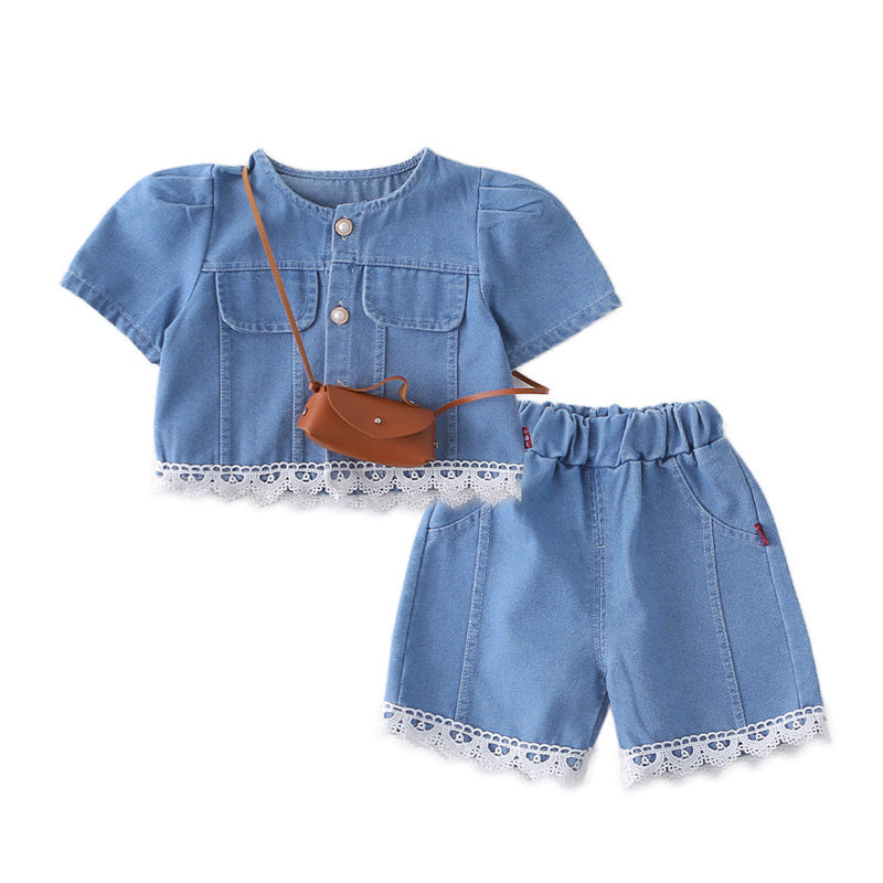 Girls' Outfit 2026 New Style: Lace Hem Denim Short Sleeve Shorts Two-Piece Set, Stylish Baby Summer Fashion