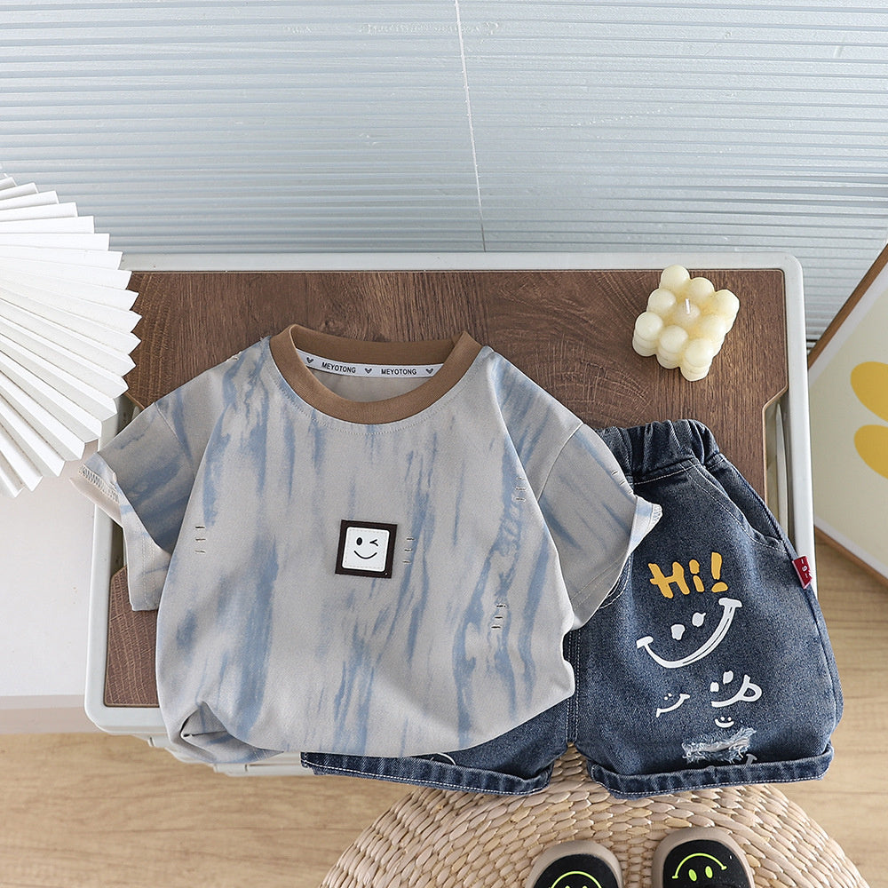 Baby Outfit Set 2026 New Style Boys' Ripped Smiley Face Short Sleeve Shorts Infant Children's Clothing Toddler Summer Fashion