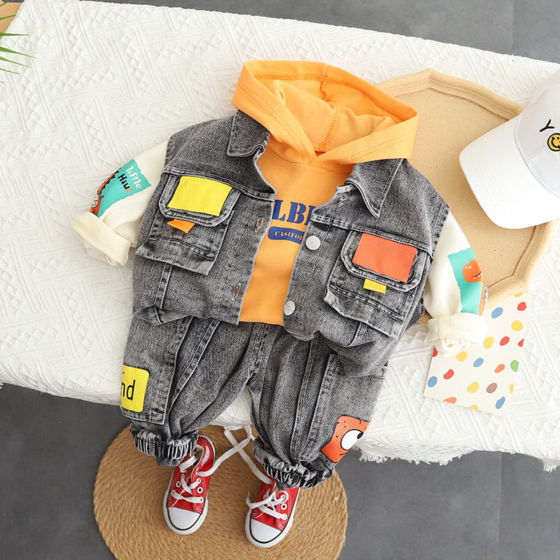 Boys' Clothing Spring and Denim Vest Three-Piece Set Children's Clothes Baby Autumn Outfit 0-1-2 Years Old Trendy