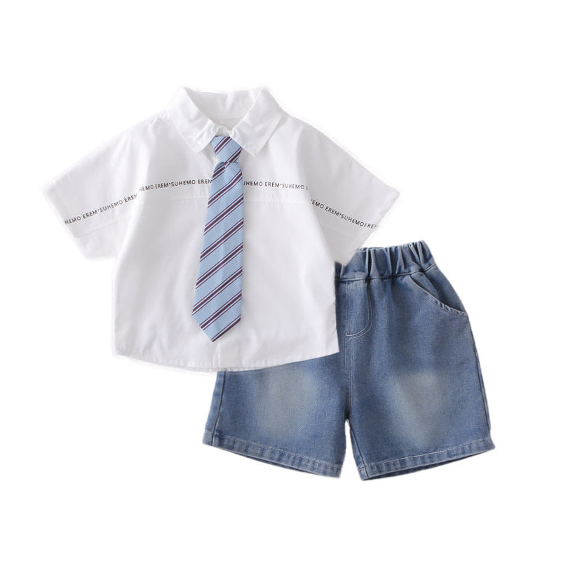 Boys' Outfit 2026 New Style Children's Summer Twill Tie Short Sleeve Shirt Two-Piece Set Baby Clothes Trendy