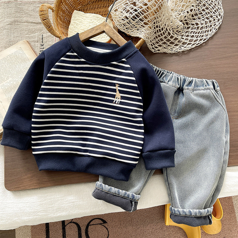 Boys' Fleece Lined Deer Sweatshirt Set 2025 New Trendy Children's Clothing Baby Autumn Winter Outfit