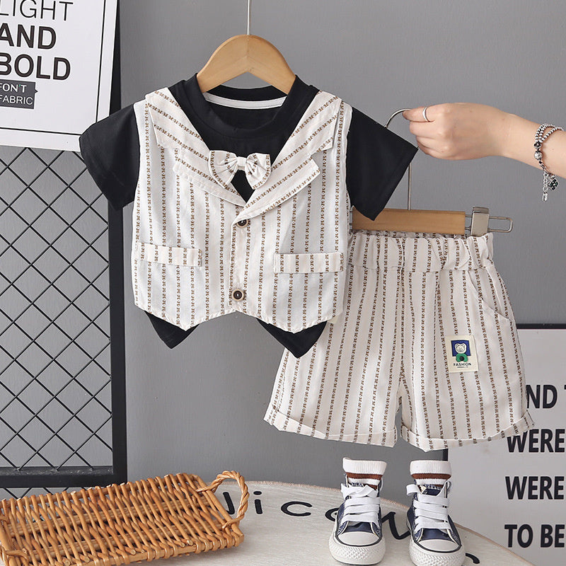 Boys' Summer Stylish Vertical Stripe Fake Three-Piece Short Sleeve Set 2026 New Trendy Thin Baby Clothes for Children