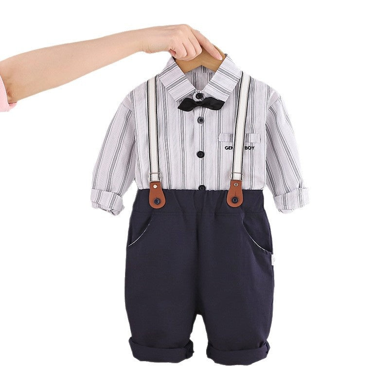 Children's Long-Sleeve Vertical Stripe Shirt Overalls Set 2026 New Style Boys' Spring and Autumn Casual Two-Piece Outfit