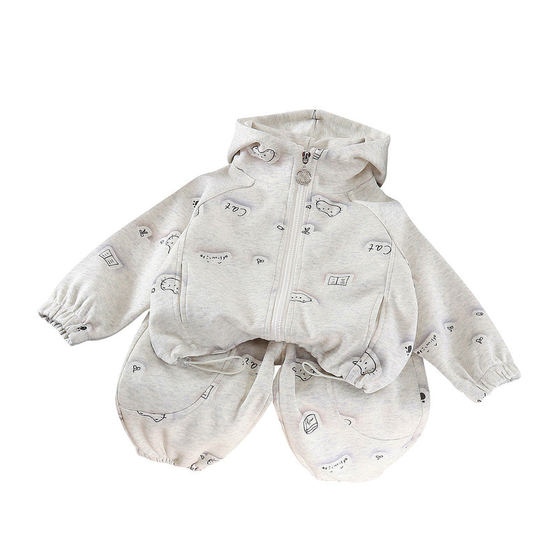 Girls' outfit with all-over cat print, two-piece set, stylish spring clothing for babies and toddlers, trendy Korean-style clothes