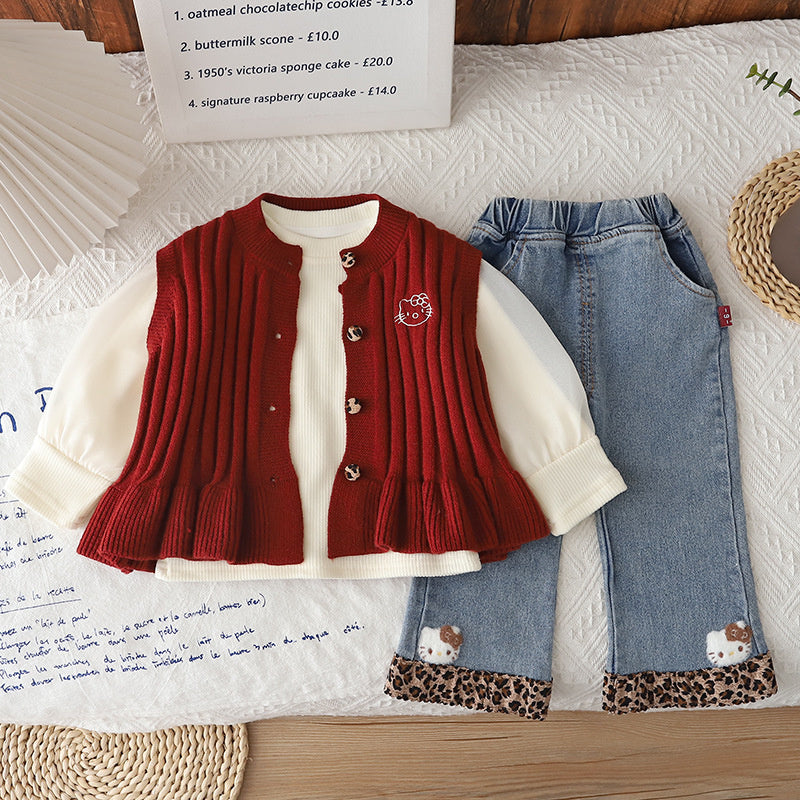 Girls' Cartoon Kitten Sweater Three-Piece Set, Stylish Fashionable Spring Autumn Clothes for Girls and Babies