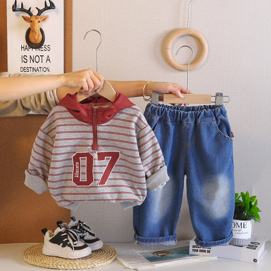 Outfit Set 2026 New Fashionable Toddler Boy Spring and Autumn Striped Hoodie Two-Piece Baby Clothes