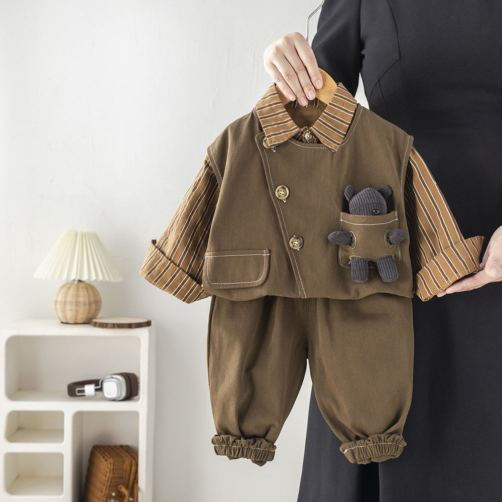 Baby Boy and Autumn Outfit 2025 New Spring 3D Bear Striped Shirt Vest Three-Piece Set Children's Clothing